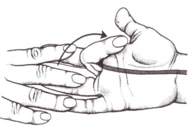 Wanneer de 2 naburige vingers geblokeerd worden, kan de individuele functie van de oppervlakkige buigpees getest worden
